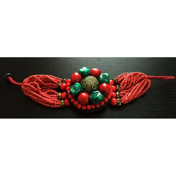 Vintage Sterling Silver 7.5 vintage real coral turquoise bead chunky bracelet